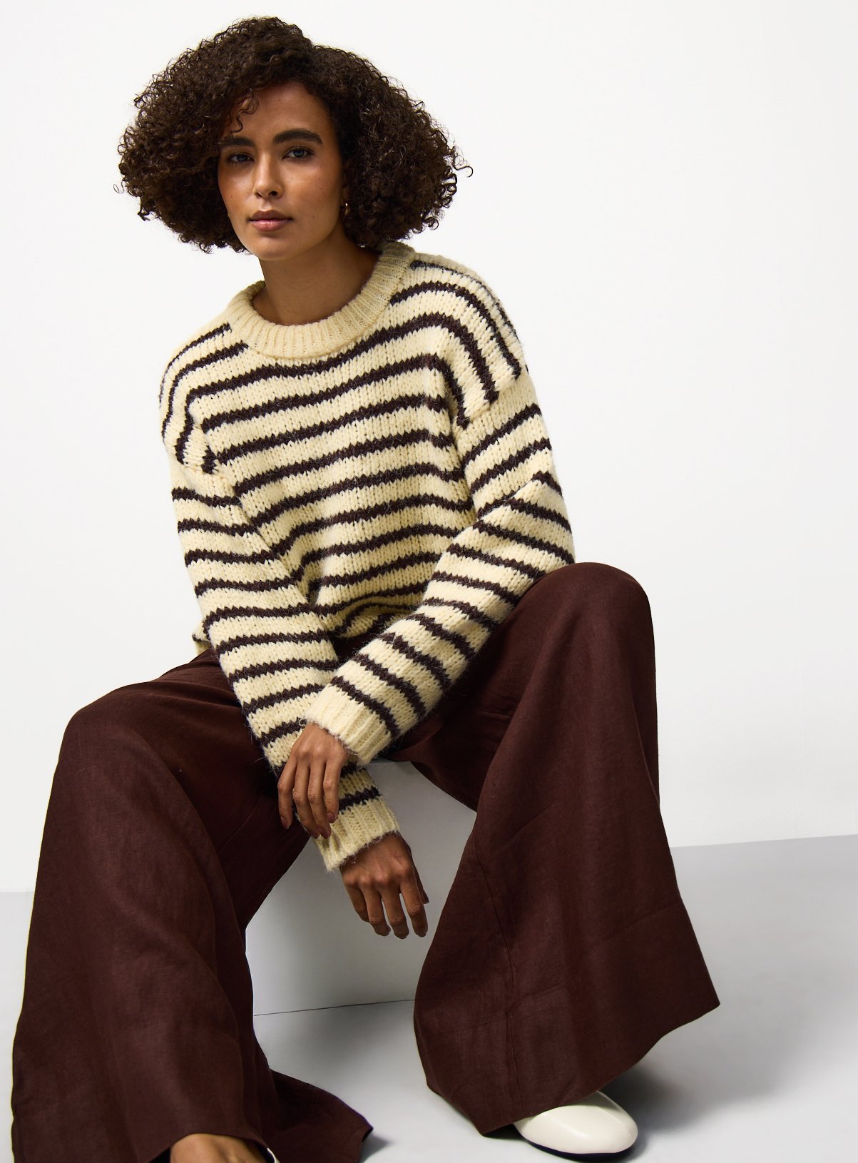 Cream Stripe Print Slouch Fit Knitted Jumper XL - Image 1 thumbnail